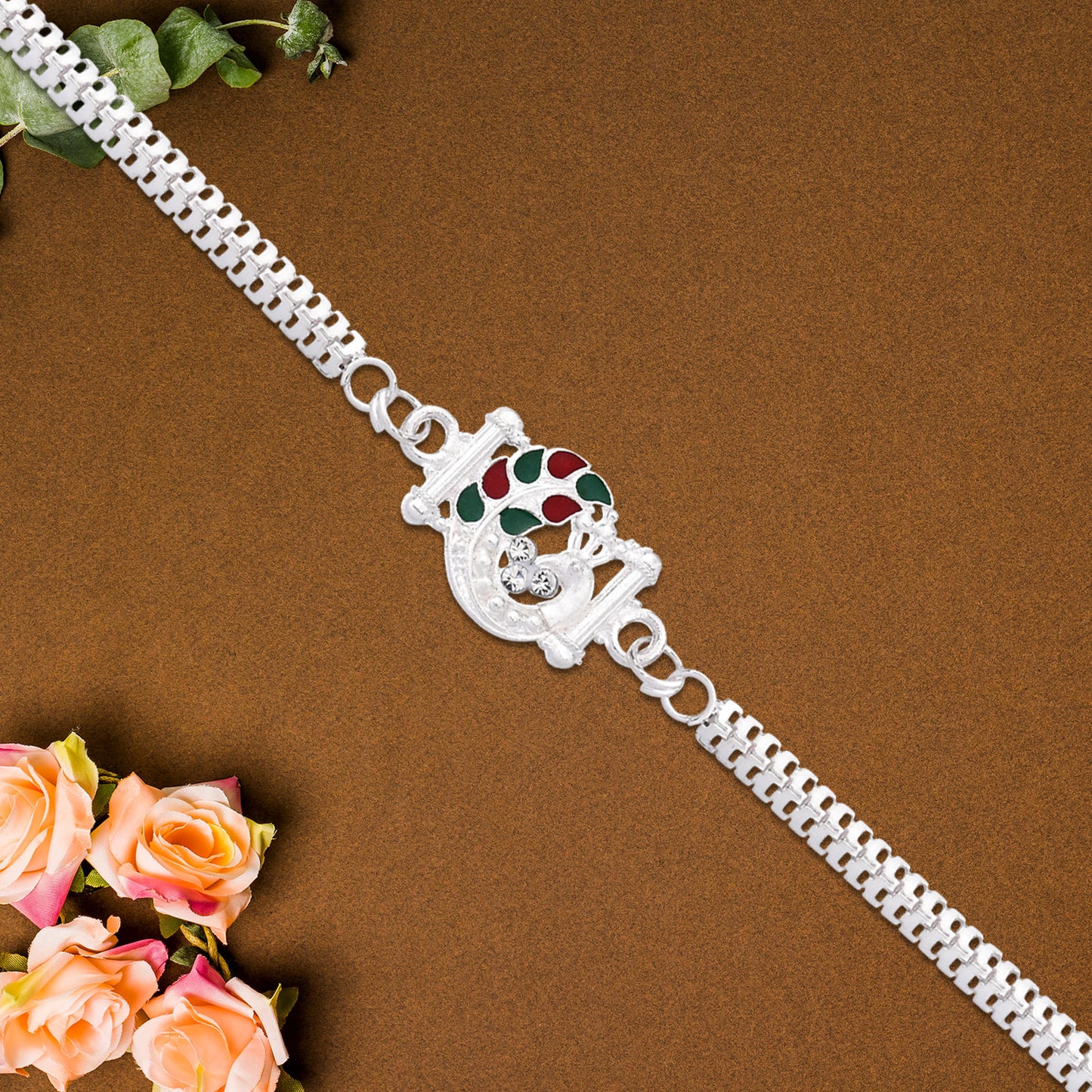 Turtle Motif Rakhi With Red-green Enamel And Silver Metal Chain