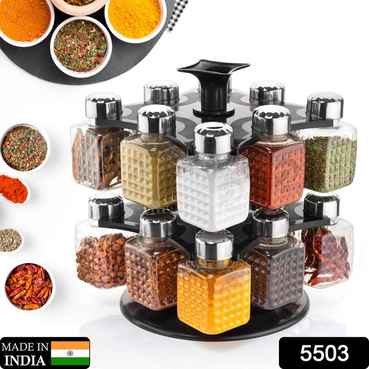 5503 All New Square 16 Bottle Design 360 Degree Revolving Spice Rack Container Condiment Pieces Set Square Small Container