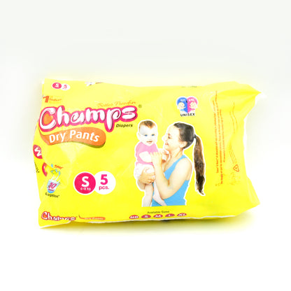 0968 Small  Champs Dry Pants Style Diaper- Small Best For Travel  Absorption Champs Baby Diapers Champs Soft And Dry Baby Diaper Pants (S5 Pcs )