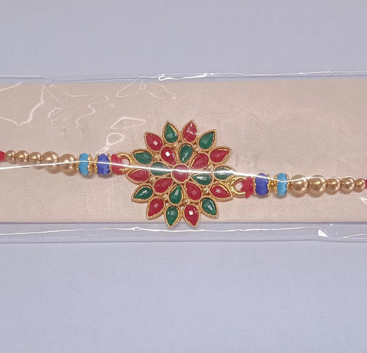 Red And Green Colored Stone Flower Design Rakhi