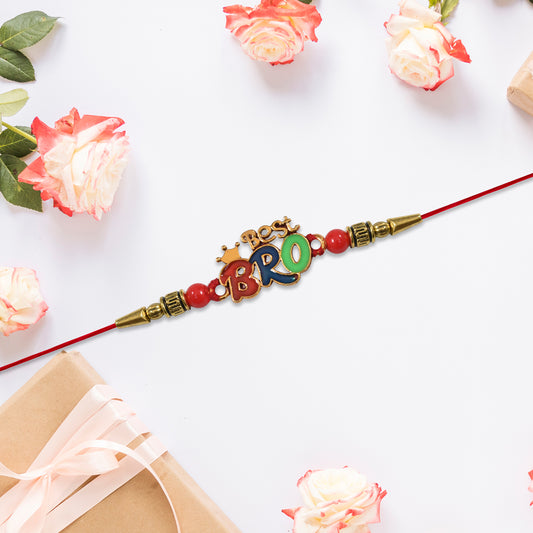 Colorful Best Bro Rakhi With Crown Motif And Decorative Beads On Red Thread