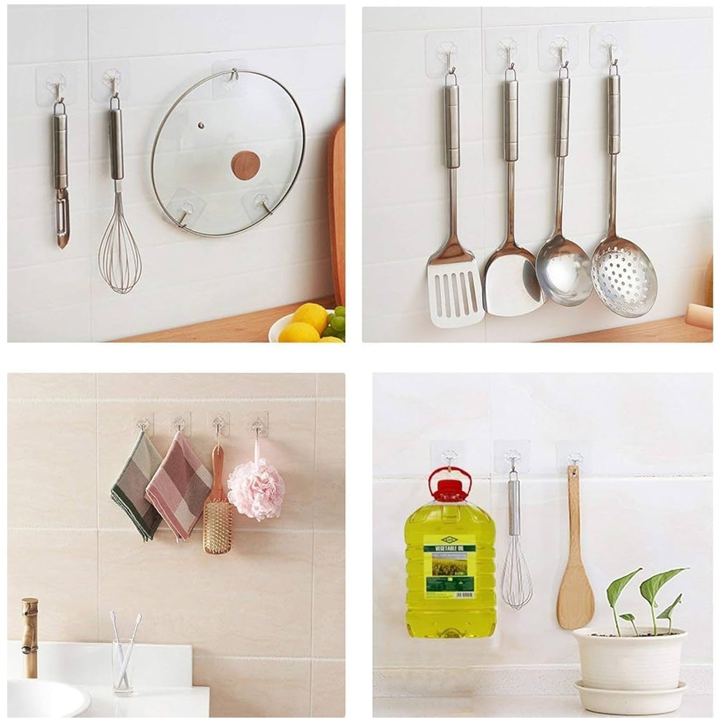 Self Adhesive Transparent Sticky Plastic  Stainless Steel Wall Hooks (10 Pcs Set)