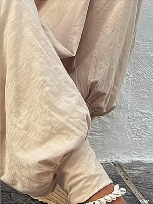 Women'S Casual Beige Hooded Jumpsuit With Long Sleeves And Buttons