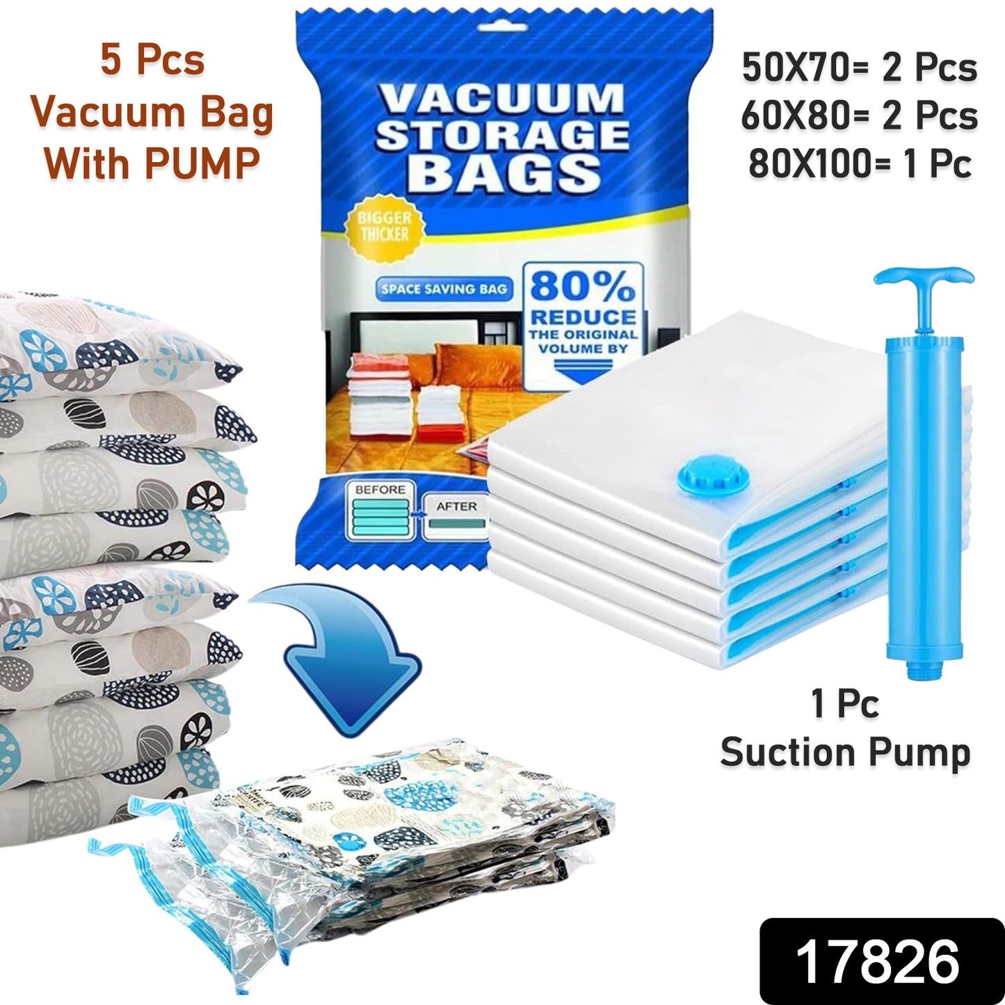 17826 Vacuum Storage Bags With Suction Pump  Shirt Clips - Vacuum Bags - Big Capacity Vacuum Seal Bags For Travel Clothes Blankets Pillows Compression Bags  Space Saver Vacuum Storage Bags (5 Pcs Set)