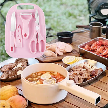 5490 Mini Travel Cutting Board Set 4 Pcs Portable Mini Camping Plastic Cutting Board  Knife Fruits  Vegetable Peeler Scissors Kitchen Knives Set For Travel Picnic Camping Outdoor Park (4 Pc Set)