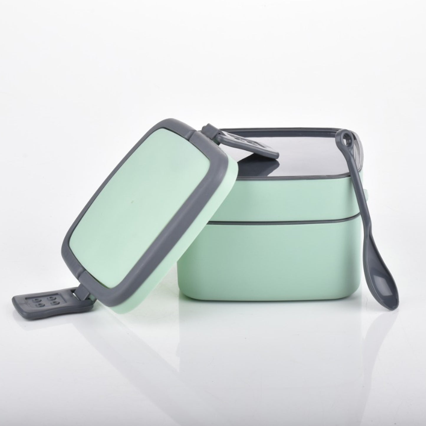 2860 Green Double-layer Portable Lunch Box Stackable With Carrying Handle And Spoon Lunch Box