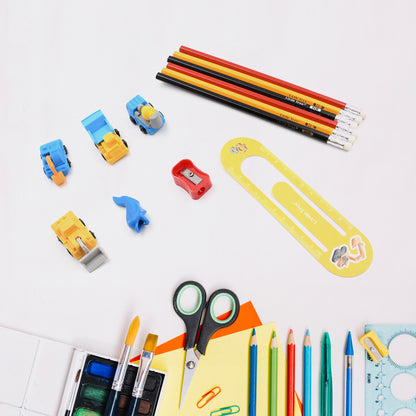 4547 Pencil And Eraser Set Construction Truck Theme Stationery Kit Includes 6 Pencils 4 Erasers 1 Sharpener 1 Ruler Bookmark 1 Pencil Cap Stationary For Birthday Gifts For Kids Birthday Return Gifts (13 Pc Set)