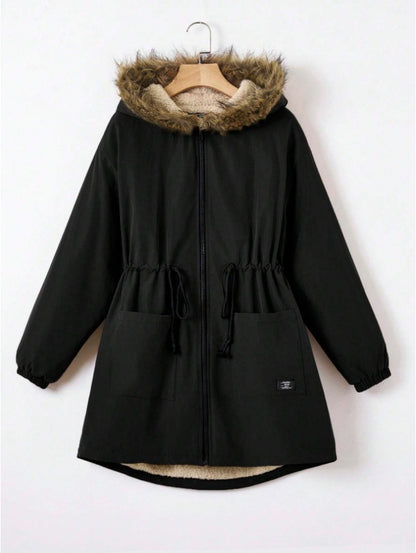 EZwear Drawstring Waist Fuzzy Trim Hooded Thermal Lined Drawstring Waist Coat
