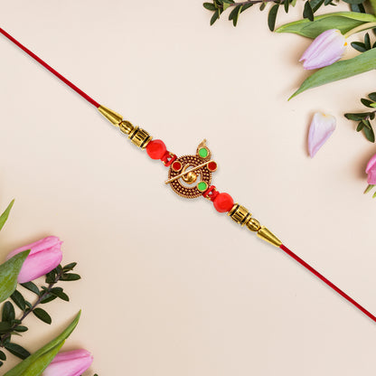 Red Beaded Rakhi With Krishna Symbol