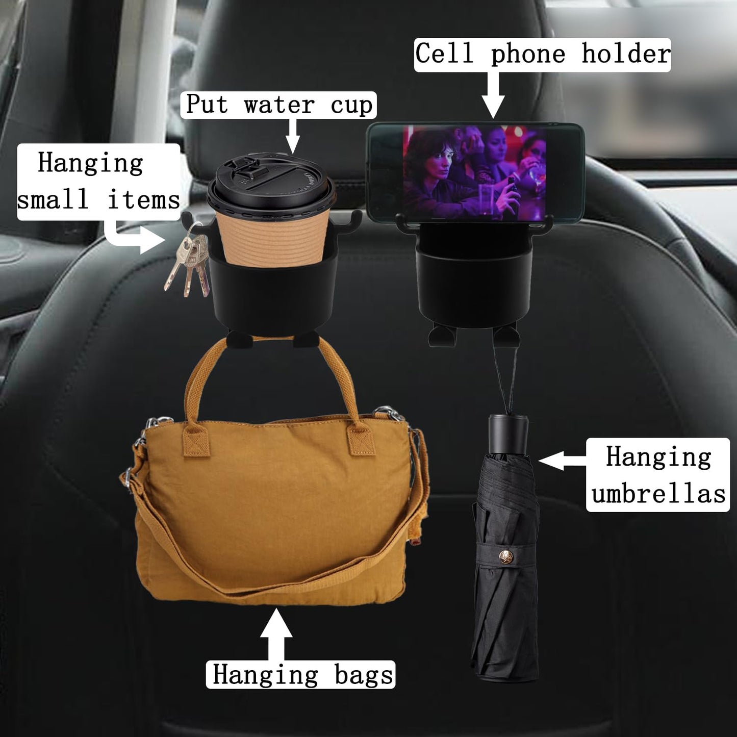 8548 Car Headrest Backseat Organizer 3 In 1 Automotive Cell Phone Drink Cupholder Adapter With Headrest Hooks For Kids And Adults Multifunctional Storage For Car Travel Accessories