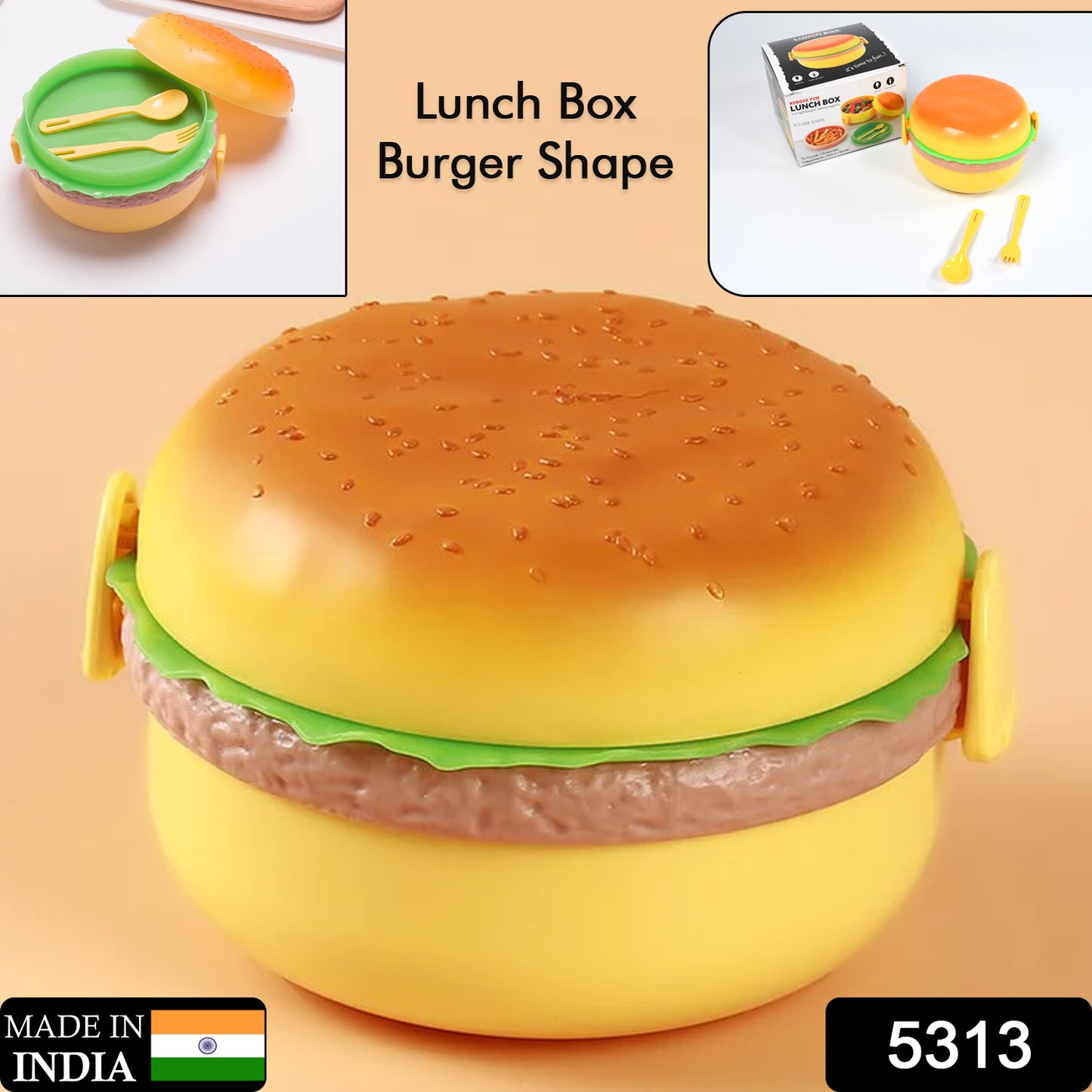 5313 Burger Shape Lunch Box Plastic Lunch Box Food Container Sets Double Layer Lunchbox 1000ml With 2 Spoon Applicable To Kids And Elementary School Students