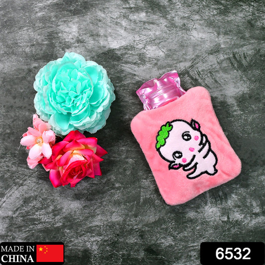 6532 Pink Cartoon Small Hot Water Bag With Cover For Pain Relief Neck Shoulder Pain And Hand Feet Warmer Menstrual Cramps.