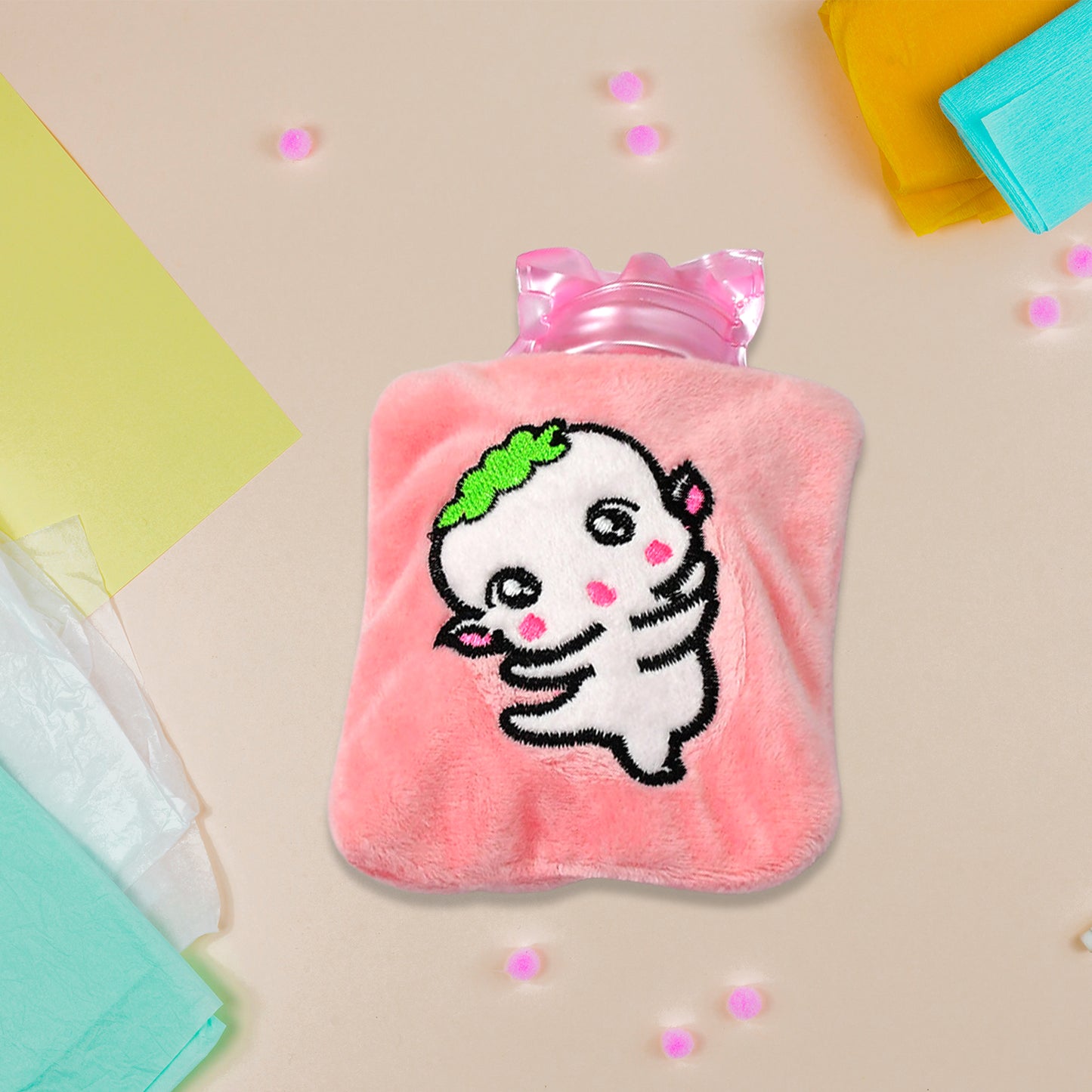 6532 Pink Cartoon Small Hot Water Bag With Cover For Pain Relief Neck Shoulder Pain And Hand Feet Warmer Menstrual Cramps.