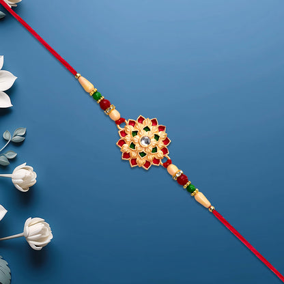 Multicolor Floral Rakhi With Mirror Center And Beaded Thread