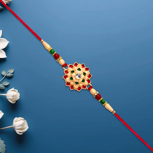 Multicolor Floral Rakhi With Mirror Center And Beaded Thread