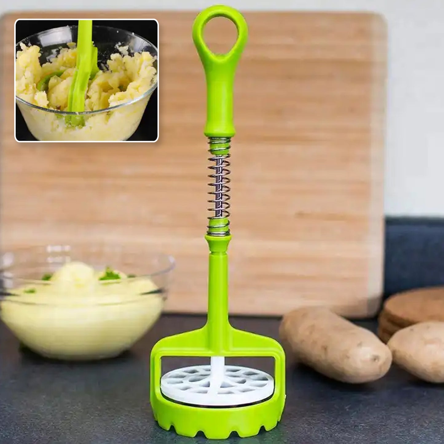 5768 Multi Functional One-handed Plastic Manual Mashed Potatoes Masher Mash Sweet Potato Masher With Comfort Grip And Stainless-steel Spring Design For Nonstick Pans (1 Pc)