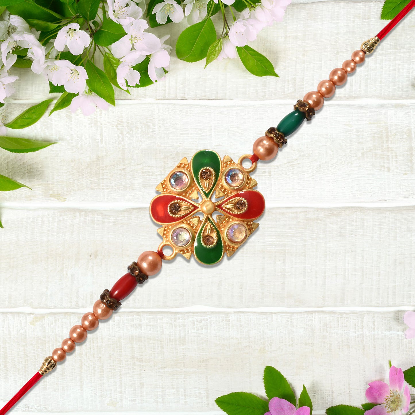 Elegant Meenakari Rakhi With Red-green Enamel  Stones