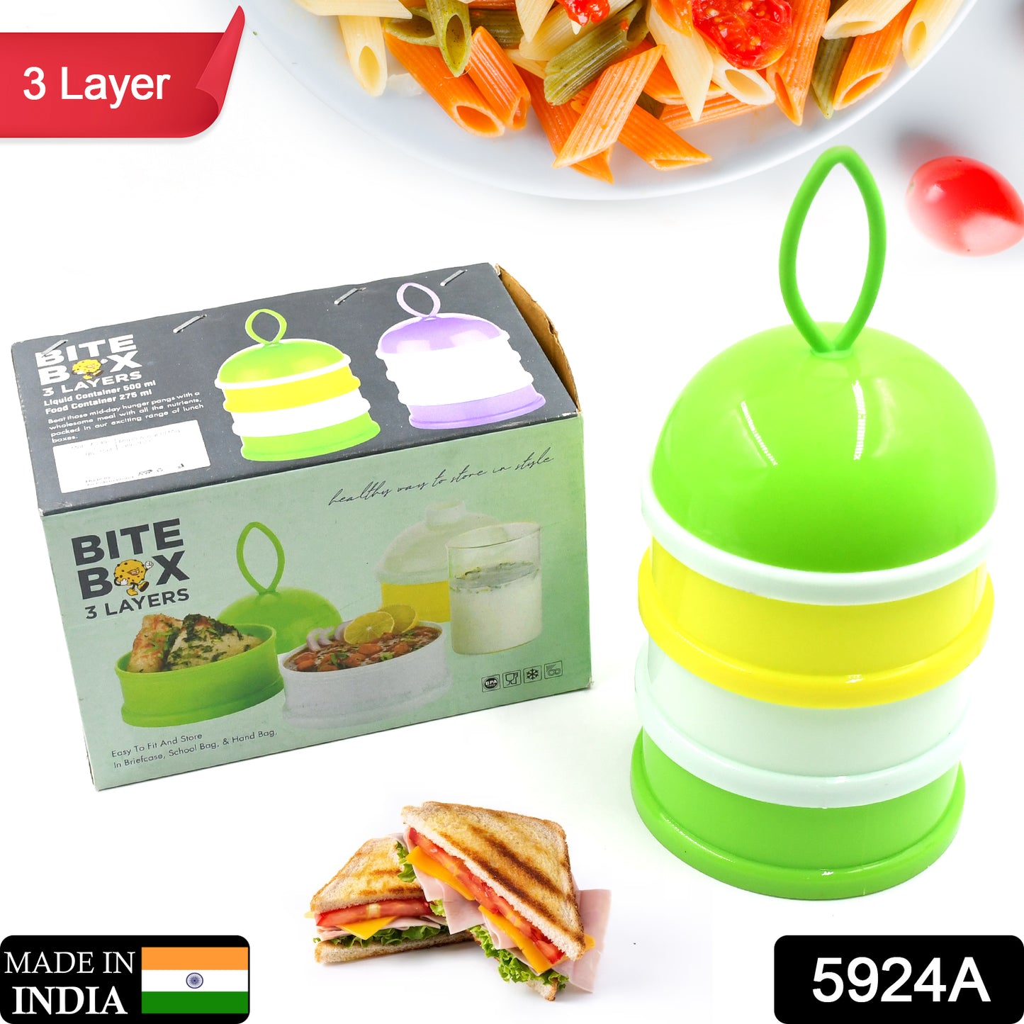 5924a  3 Layer Lunch Box Unique Design Bite Lunch Box With Liquid  Food Container Lunch Box (Green)