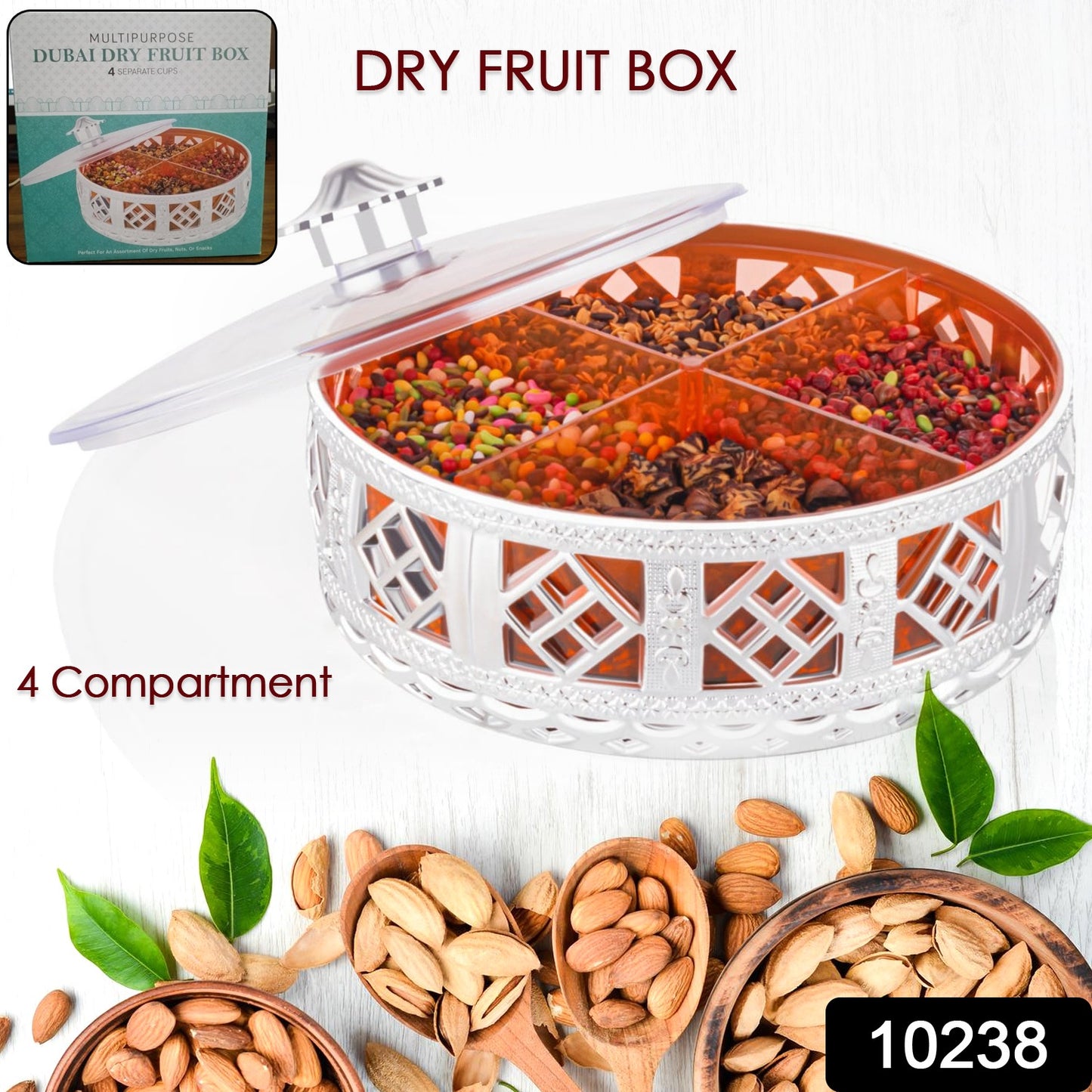 Multipurpose Dry Fruit Box 4 Section Dry Fruit Round Silver Gift Box (1 Pc)