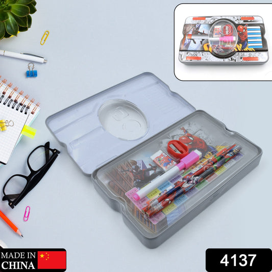 4137 Big Cartoon Printed  Metal Compass Box Pencil Case With Sharpner Eraser Pencil Marker  Scale For Kids Stationery Compass Box Stationery Gift For School Kids Compass Pencil Box Birthday Return Gift For Kids  (6 Pc Set)