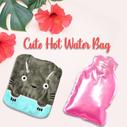 6528 Grey Cat Print Small Hot Water Bag With Cover For Pain Relief Neck Shoulder Pain And Hand Feet Warmer Menstrual Cramps.