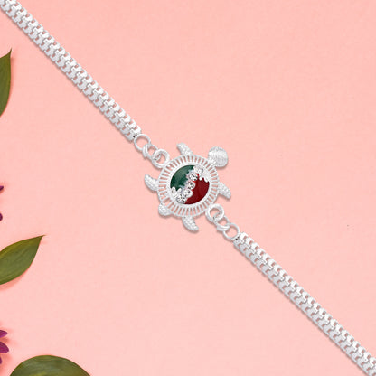 Turtle Motif Rakhi With Red-green Enamel And Silver Metal Chain