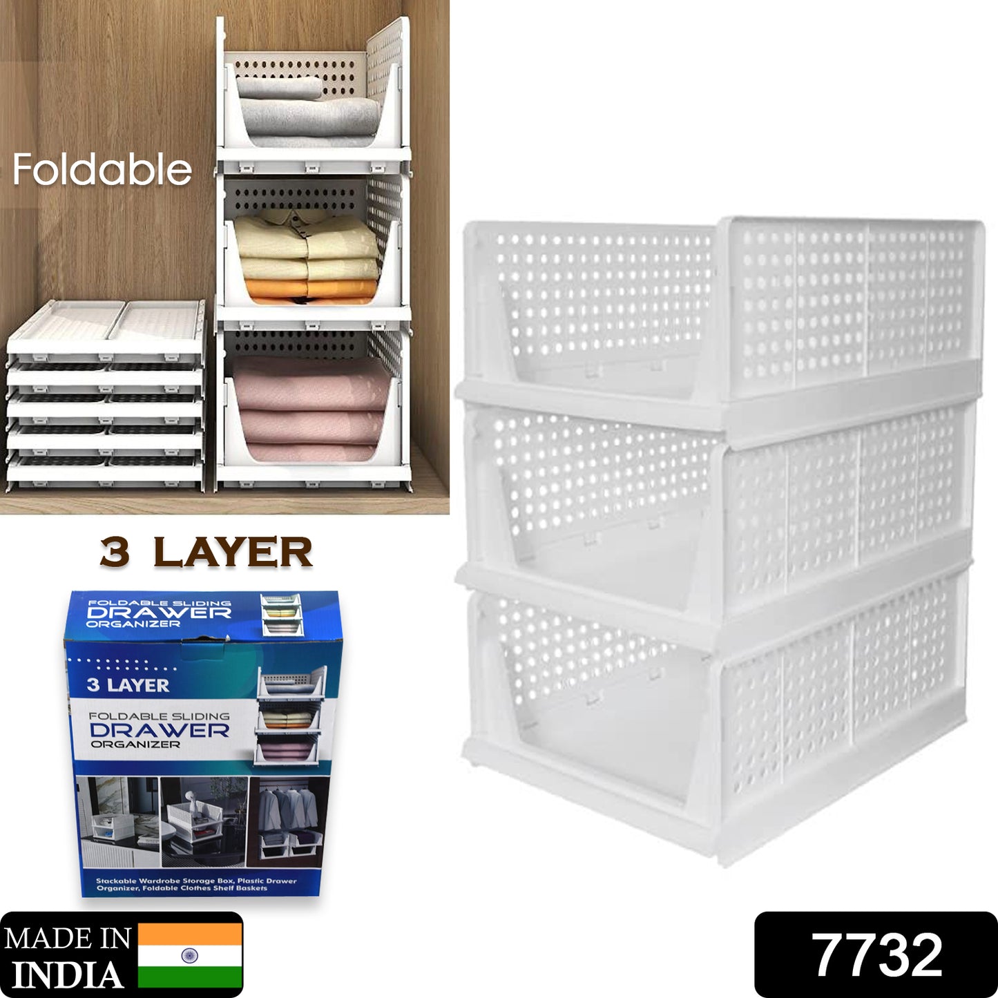 7732 3 Layer Clothes Organizer For Wardrobe Cupboard Organizer For Clothes Foldable And Stackable Closet Organizer Drawer Organizer For Clothes Multi Purpose Plastic Drawer