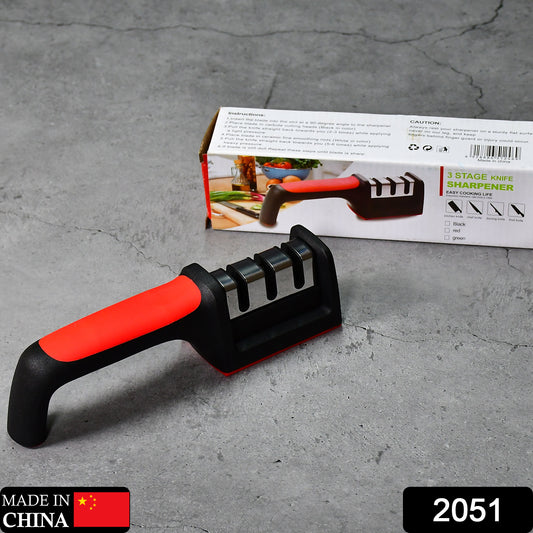 2051 Manual Red Knife Sharpener 3 Stage Sharpening Tool For Ceramic Knife And Steel Knives.