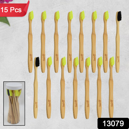 13079 Bamboo Wooden Toothbrush Softtoothbrushwooden Child Bamboo Biodegradable Toothbrush Manual Toothbrush For Adult Kids (15 Pcs Set  With Round Box)