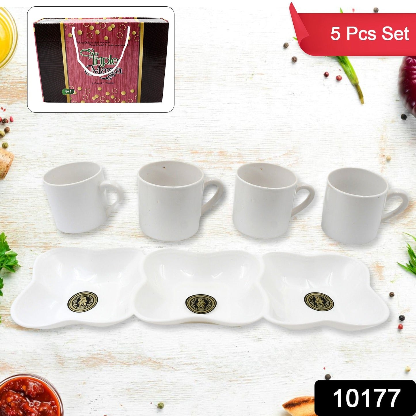 Triple Mazza Ceramic Tea  Cups Set Including 3 Compartment Plastic Serving Platter (4 Pcs Set)