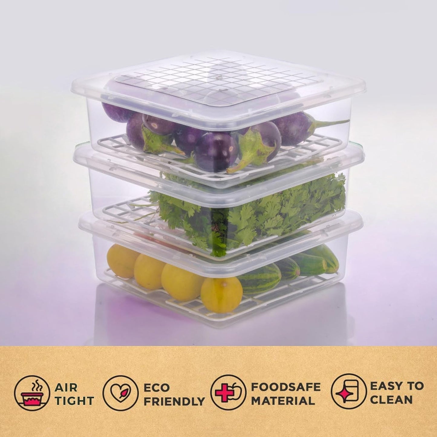 Plastic Food Storage Containers With Removable Drain Tray And Lid (3 Pcs Set)