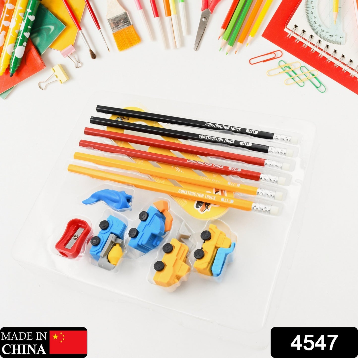 4547 Pencil And Eraser Set Construction Truck Theme Stationery Kit Includes 6 Pencils 4 Erasers 1 Sharpener 1 Ruler Bookmark 1 Pencil Cap Stationary For Birthday Gifts For Kids Birthday Return Gifts (13 Pc Set)