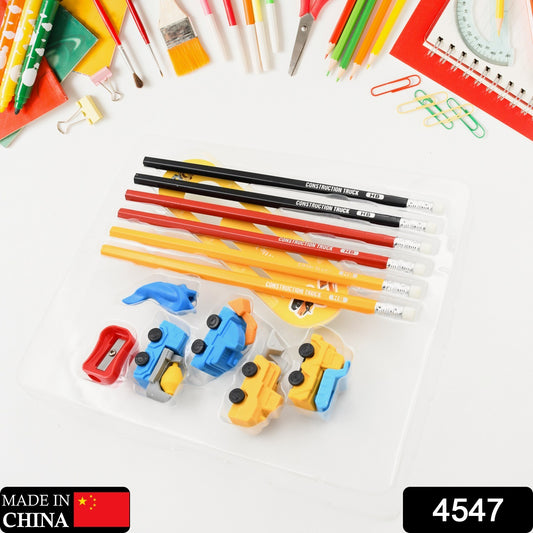 4547 Pencil And Eraser Set Construction Truck Theme Stationery Kit Includes 6 Pencils 4 Erasers 1 Sharpener 1 Ruler Bookmark 1 Pencil Cap Stationary For Birthday Gifts For Kids Birthday Return Gifts (13 Pc Set)