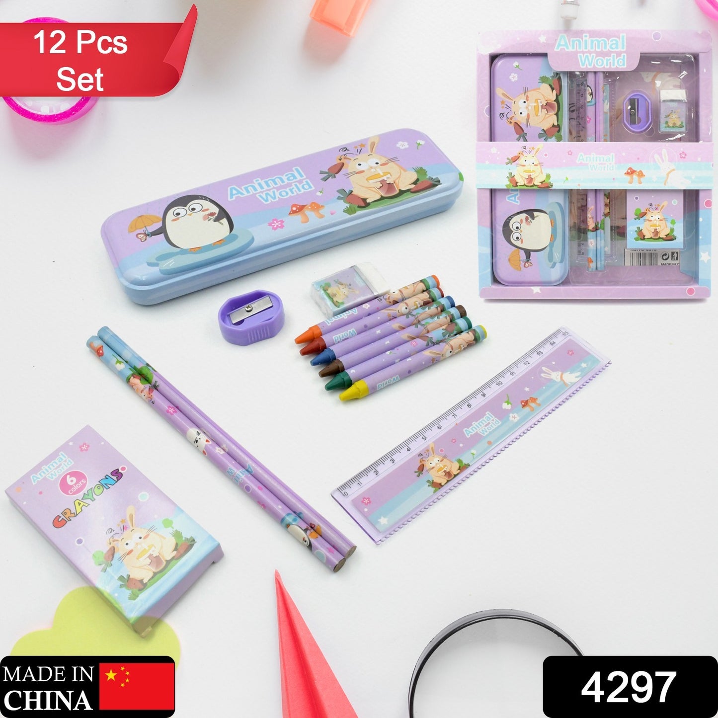 4297 School Supplies Stationery Kit With 1 Pencil Box Case 2 Pencils 6 Crayon Colors 1 Ruler Scale 1 Eraser 1 Sharpener Stationary Kit For Girls Pencil Pen Book Eraser Sharpener Crayons - Stationary Kit Set For Kids Birthday Gift (12 Pc Set)