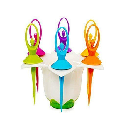 2046 Dancing Doll Fruit Fork Cutlery Set With Stand Set Of 6.