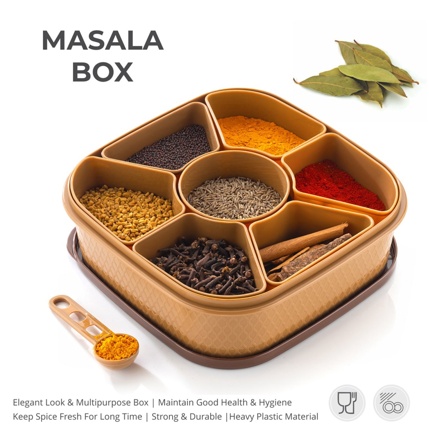 2032h Masala Box For Keeping Spices Spice Box For Kitchen Masala Container Plastic Wooden Style 7 Sections (Multi Color).