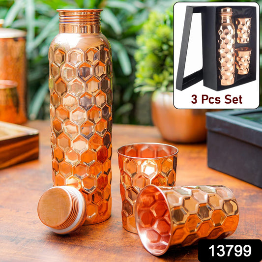 Diamond Cut Copper Water Bottle 2 Glasses With Gift Box (3 Pcs Set)