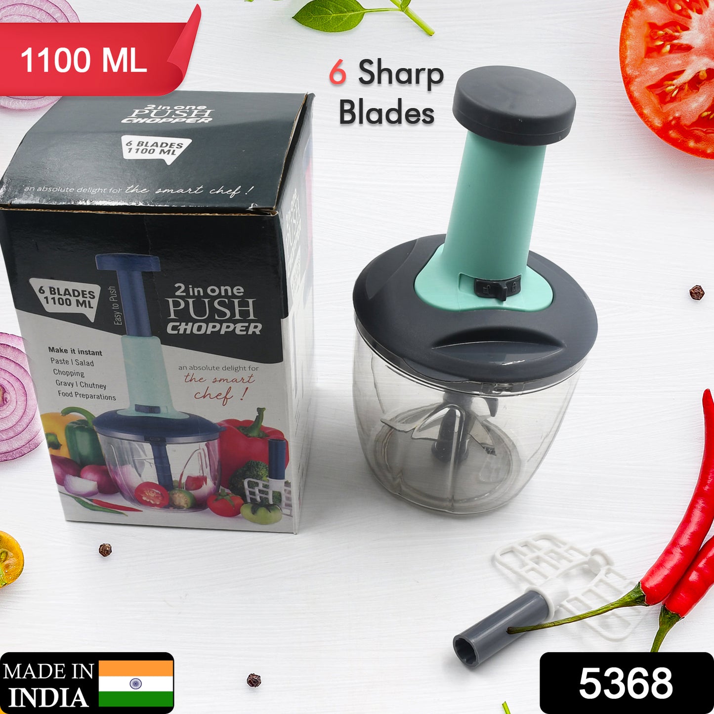 5368 1100 Ml 2 In 1 Push Up Chopper With Blender Affixed With 6 Sharp Blade  Vegetable And Fruit Cutter With Easy Push And Chop Button