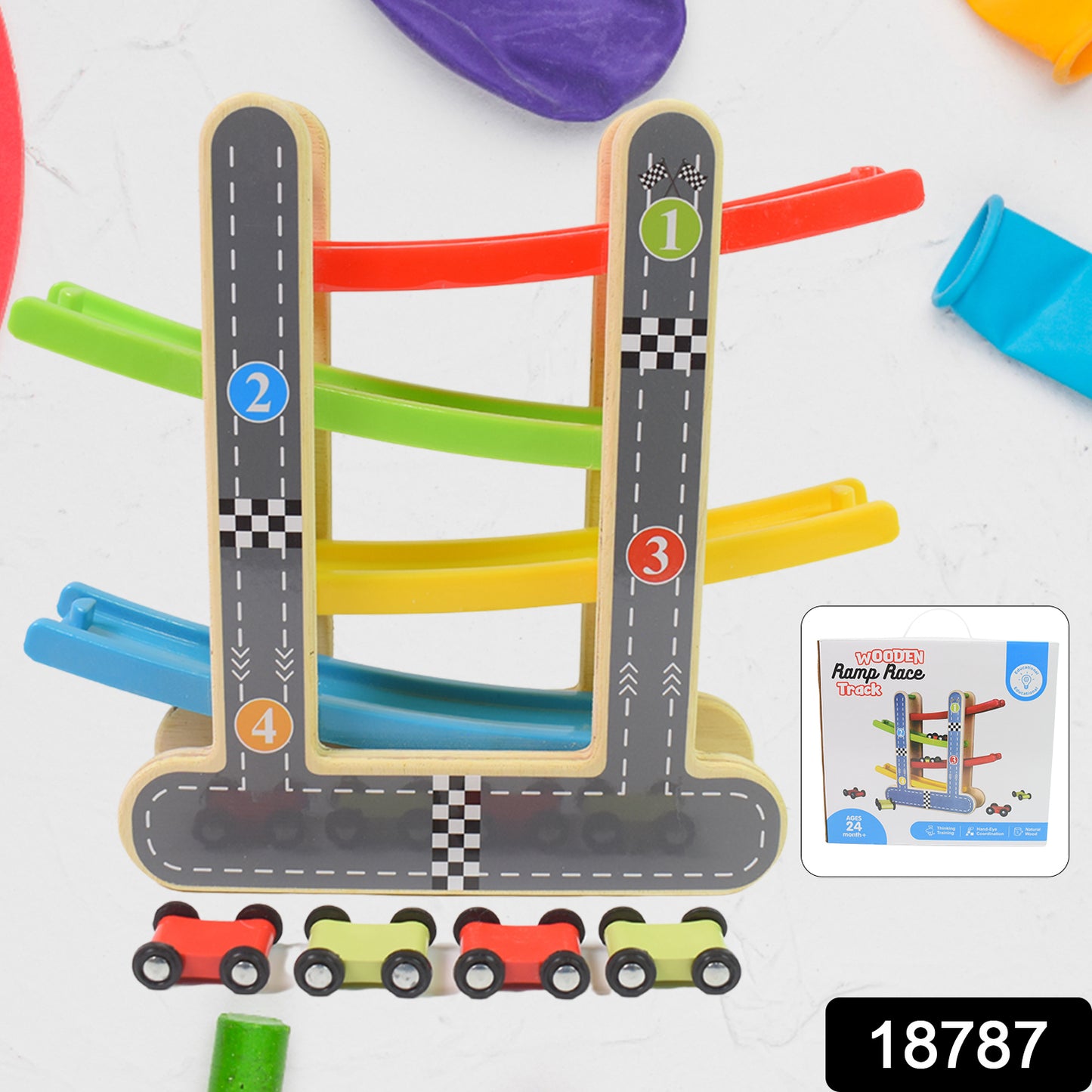 Car Racer Track Play Set Wooden Click Clack Toys With 4 Mini Racers (1 Set)