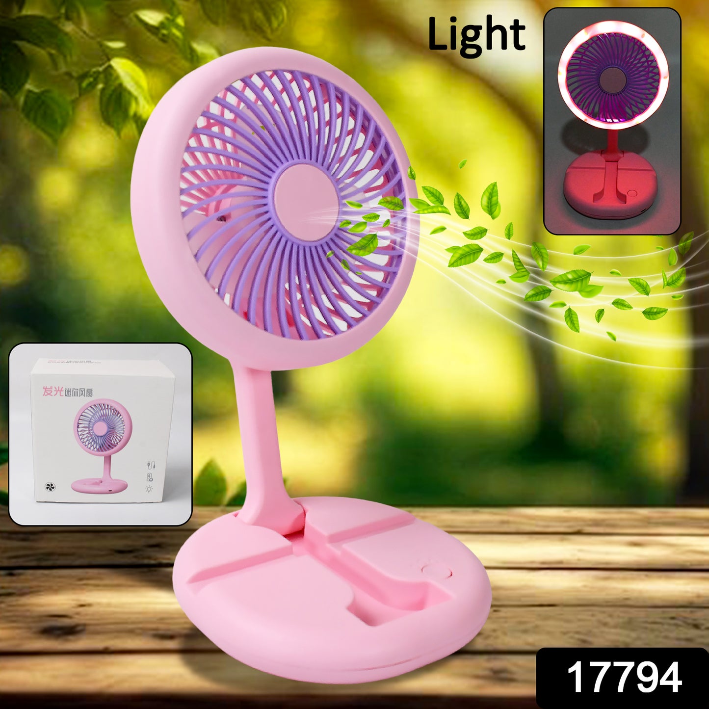 17794 Usb Rechargeable Portable Fan With Led Light Heavy Duty  Foldable Fan With Charging Port Home Outdoor Temple