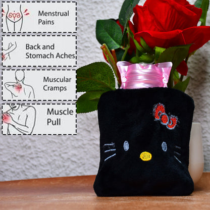 6513 Black Hello Kitty Small Hot Water Bag With Cover For Pain Relief Neck Shoulder Pain And Hand Feet Warmer Menstrual Cramps.