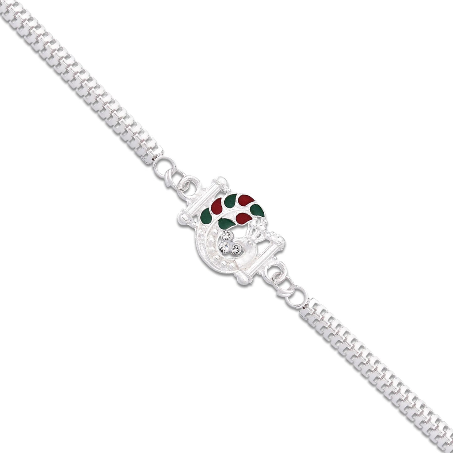Turtle Motif Rakhi With Red-green Enamel And Silver Metal Chain