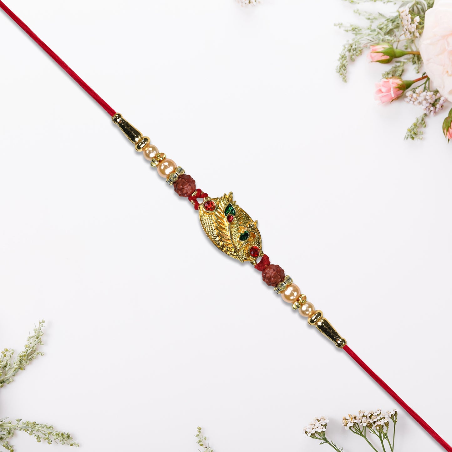 Designer Rakhi With Leaf Motif Rudraksha  Pearls