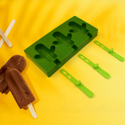 10077 Ice Cream Mould Popsicle Mold Cactus Shape Ice Pop Molds Homemade Popsicle For Diy Ice Popsicle 3-cavity Summer Food Kitchen Tools (1 Pc)