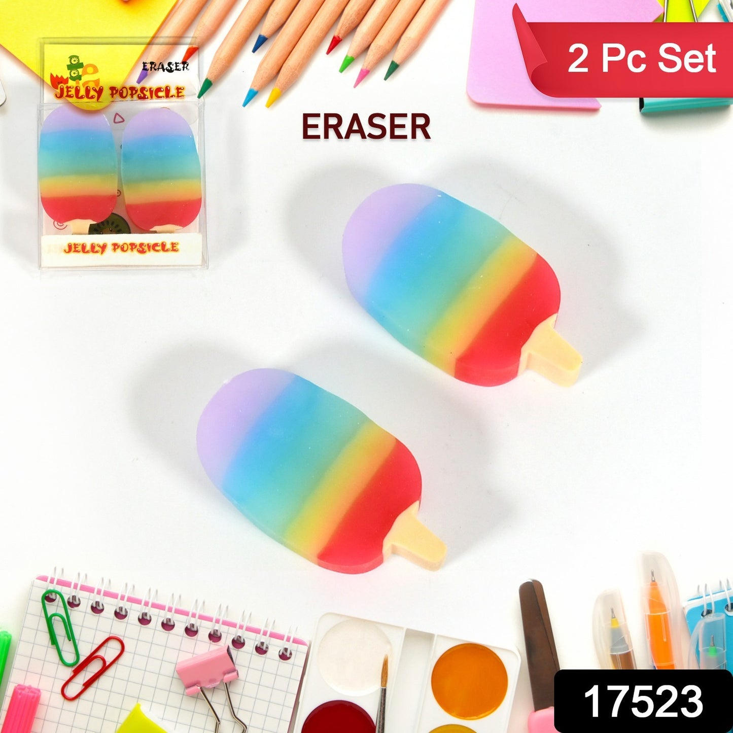 17523 Jelly Popsicle Shape Fancy  Stylish Erasers Mini Eraser Creative Cute Novelty Eraser For Children Eraser Set For Return Gift Birthday Party School Prize (2 Pc Set)