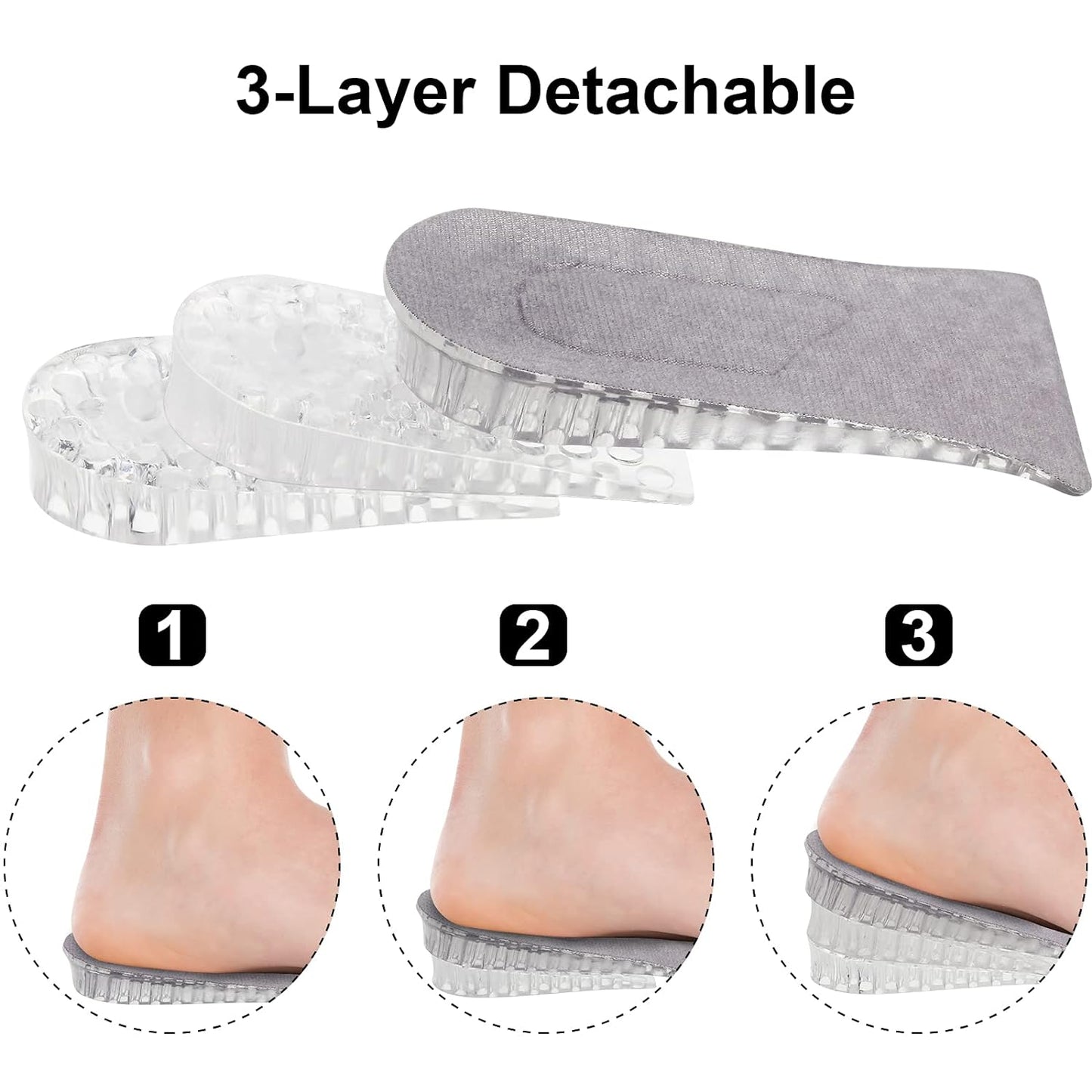 4151 2 Pairs Heel Lift Inserts Height Increase Insole Invisible Heightening Insole Sillicone 3-layer Heel Support Insoles Height-adjustable Shoe Pads Foot Cushion For Shoes