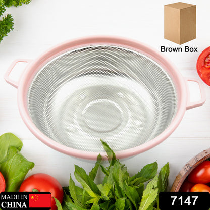 7147 Big Stainless Steel Colander With Handle Large Metal Mesh Basket Strainer For Pasta Spaghetti Berry Veggies Fruits  Kitchen Food Colander Dishwasher Safe (1 Pc )
