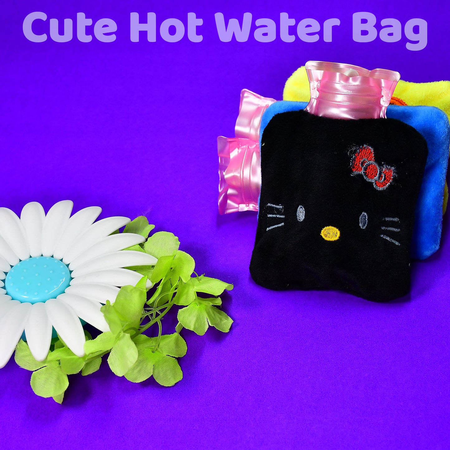 6513 Black Hello Kitty Small Hot Water Bag With Cover For Pain Relief Neck Shoulder Pain And Hand Feet Warmer Menstrual Cramps.