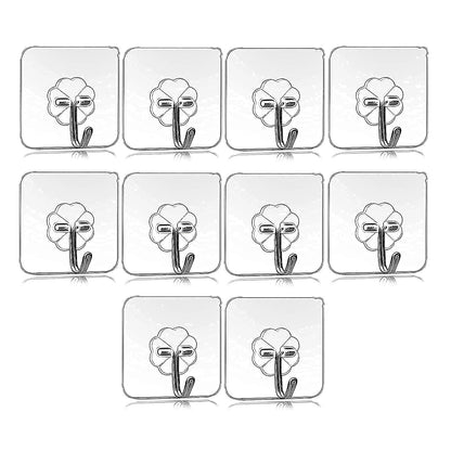 Self Adhesive Transparent Sticky Plastic  Stainless Steel Wall Hooks (10 Pcs Set)