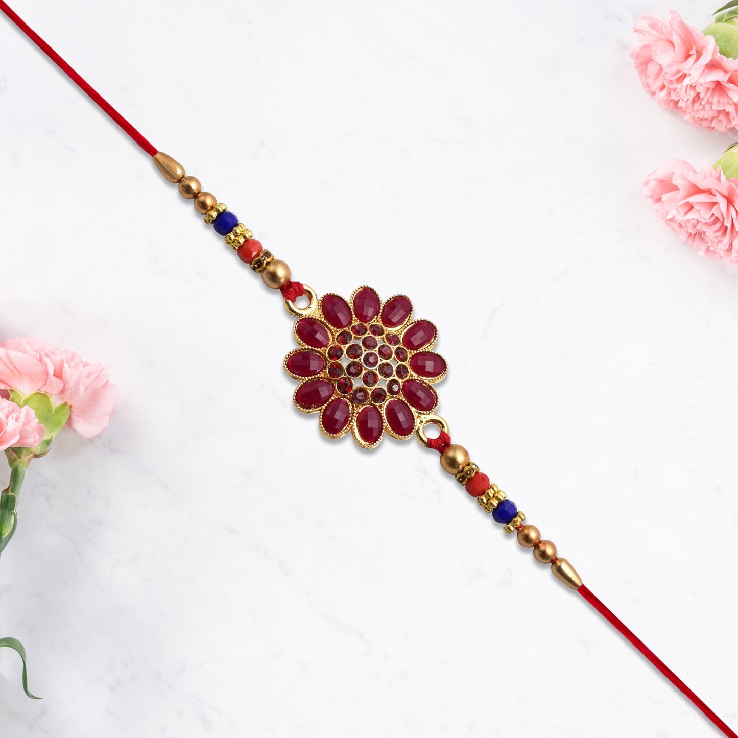 Red Floral Stone Rakhi With Bead Accents